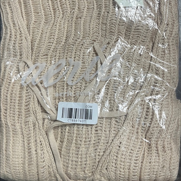 AERIE Crochet Swim Cover Up Cape Beige Long Cover Up Medium Waist Tie NWT - Picture 4 of 5